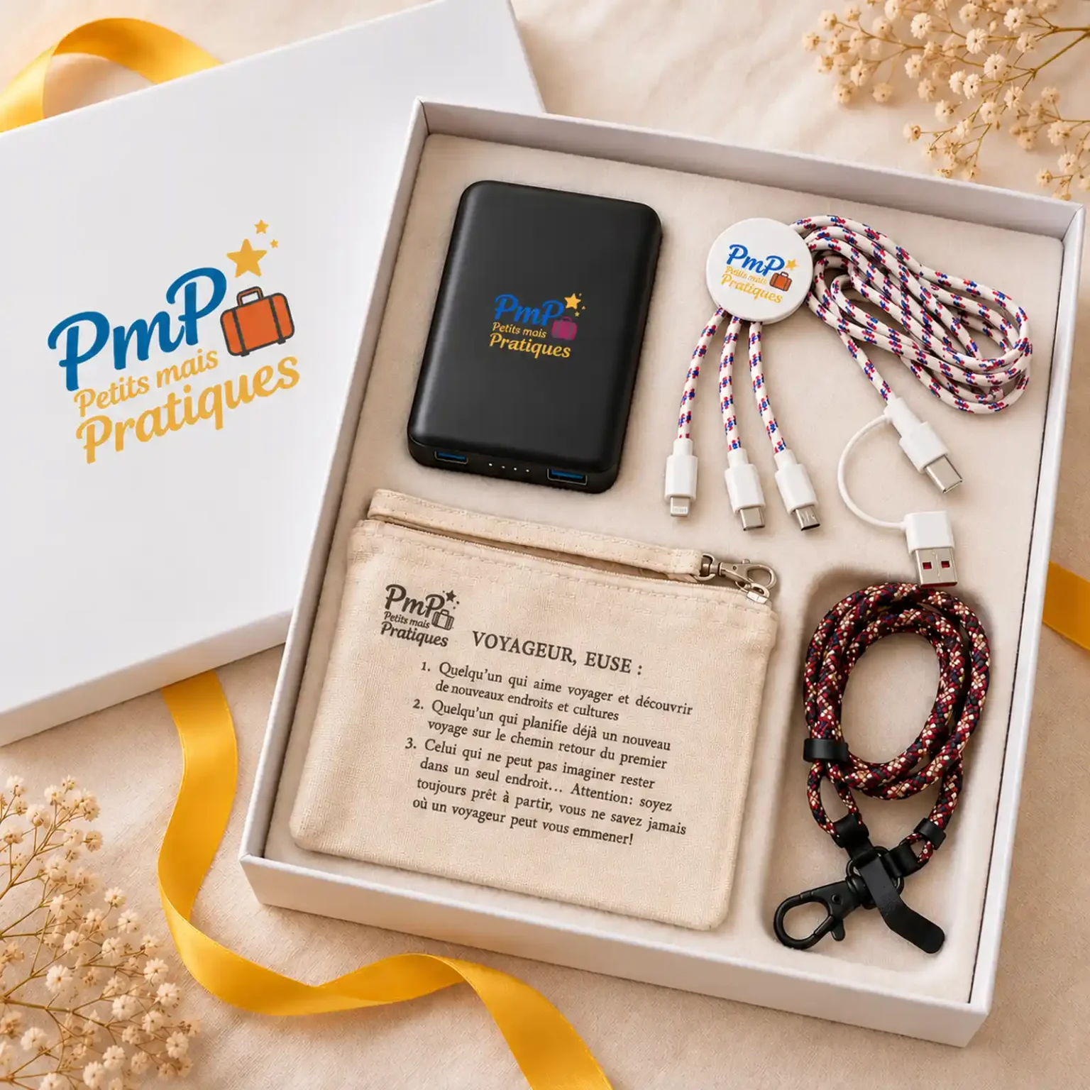 Coffret Voyage Connecté PmP avec batterie externe, câbles de recharge et pochette de voyage