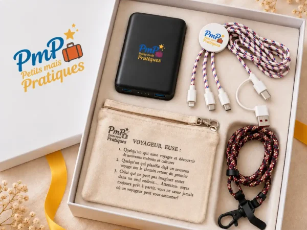 Coffret Voyage Connecté PmP avec batterie externe, câbles de recharge et pochette de voyage