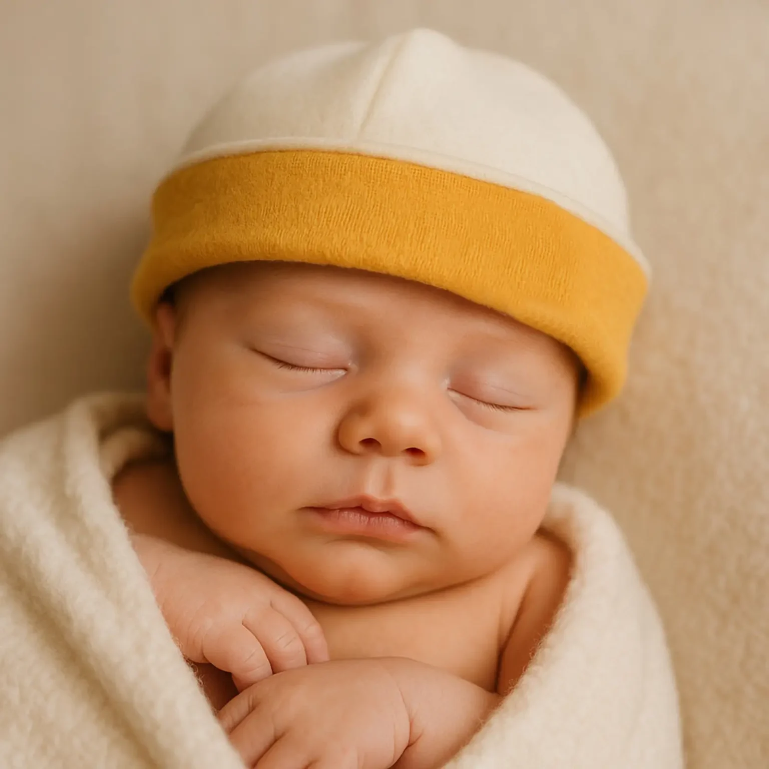 Bonnet nouveau-né couleur miel en coton biologique porté par un bébé endormi sur fond clair.