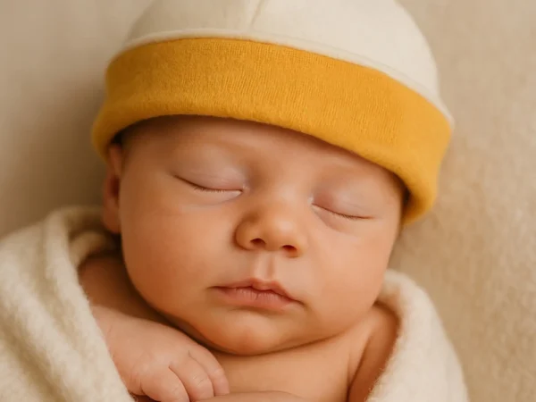 Bonnet nouveau-né couleur miel en coton biologique porté par un bébé endormi sur fond clair.