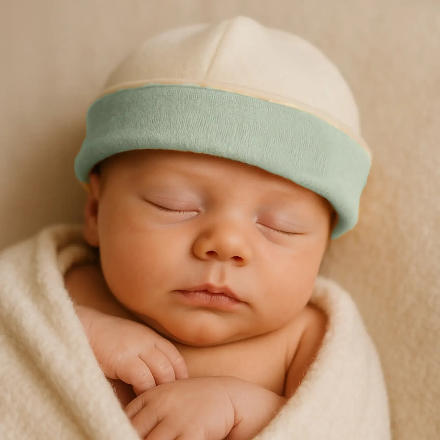 Bonnet nouveau-né vert en coton biologique porté par un bébé endormi, présenté de face.