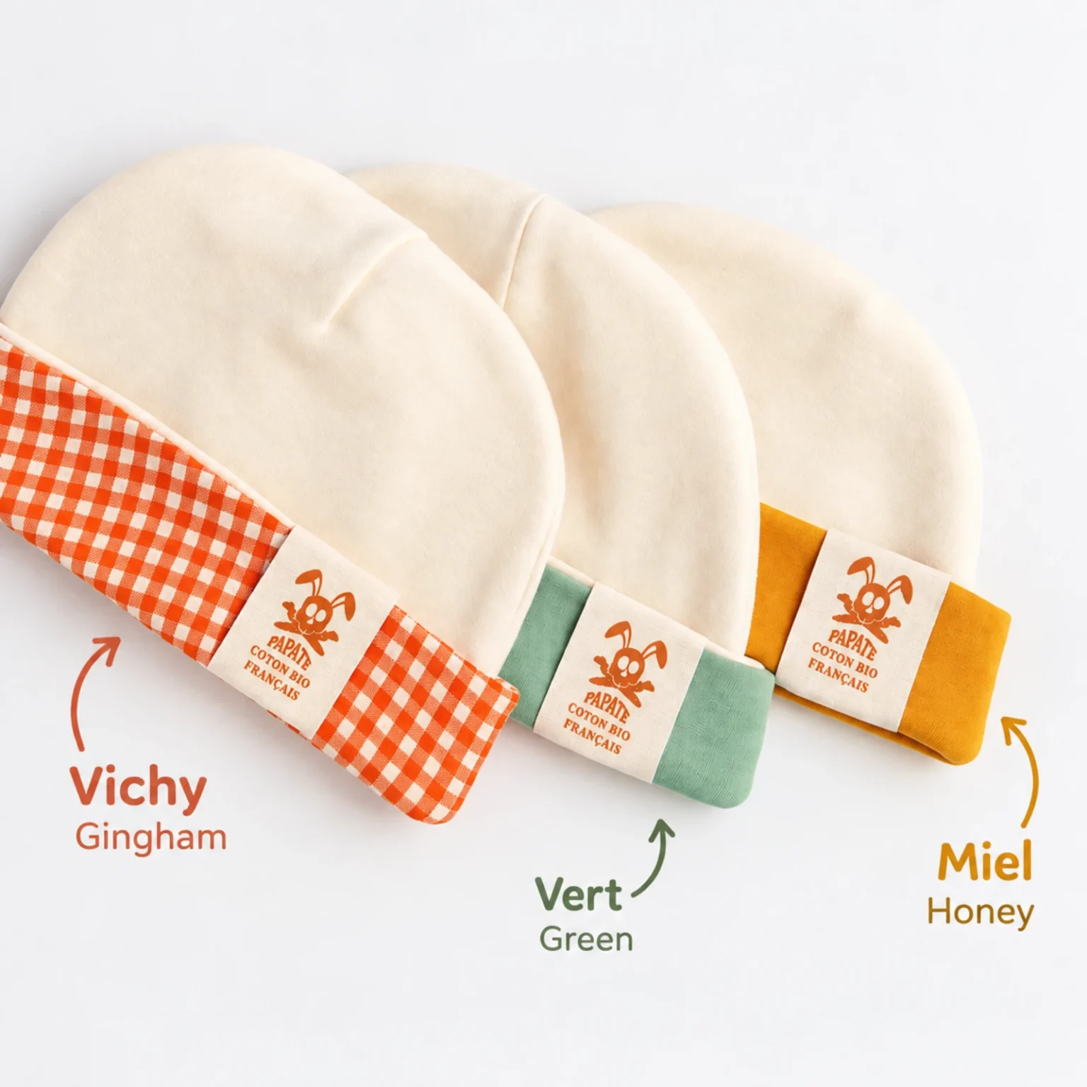 Palette des différentes couleurs disponibles pour le bonnet nouveau-né en coton biologique PmP Premium.
