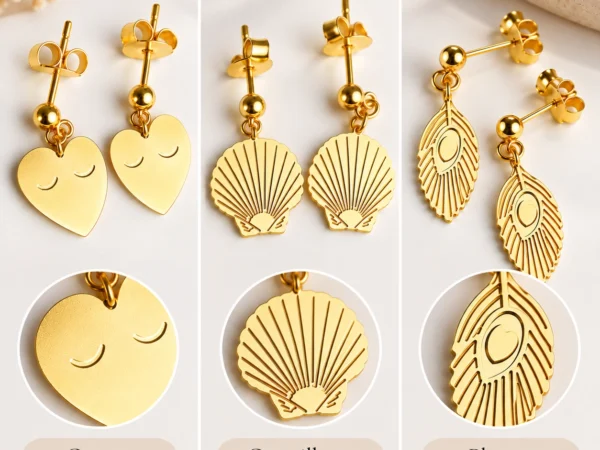 Boucles d'oreilles PmP dorées avec motifs cœur, coquillage et plume