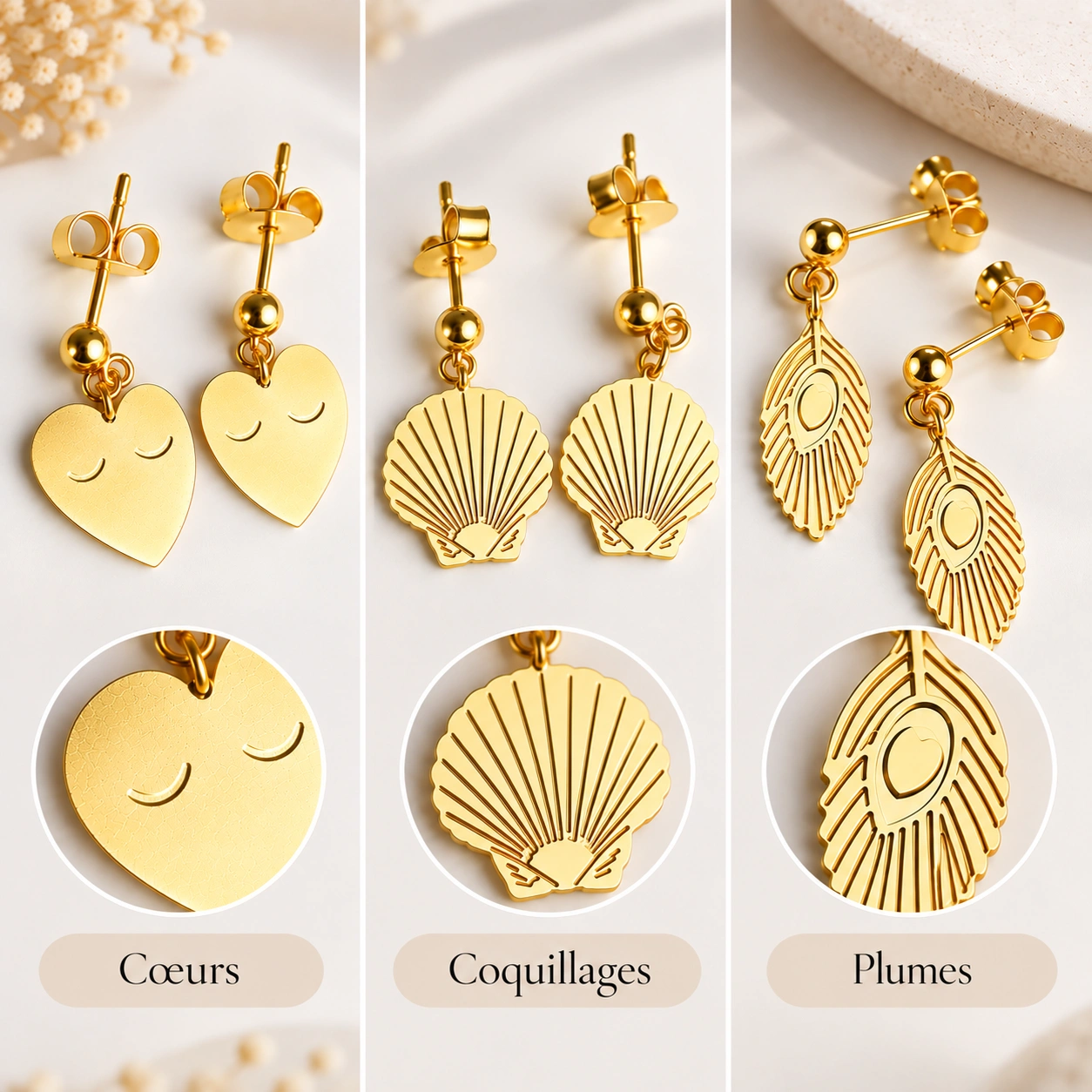 Boucles d'oreilles PmP dorées avec motifs cœur, coquillage et plume