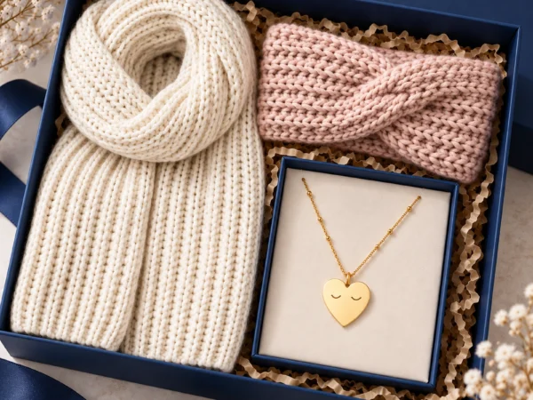 Coffret Constance PmP Premium avec écharpe, bonnet et bijoux.