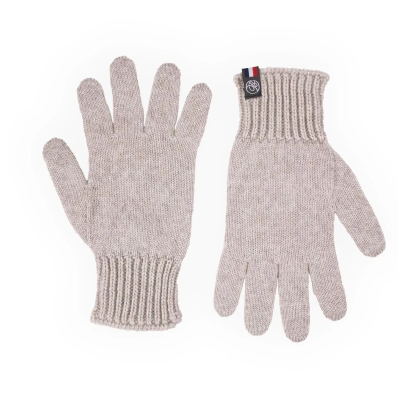 Paire de gants tactiles couleur craie en maille présentée de face.
