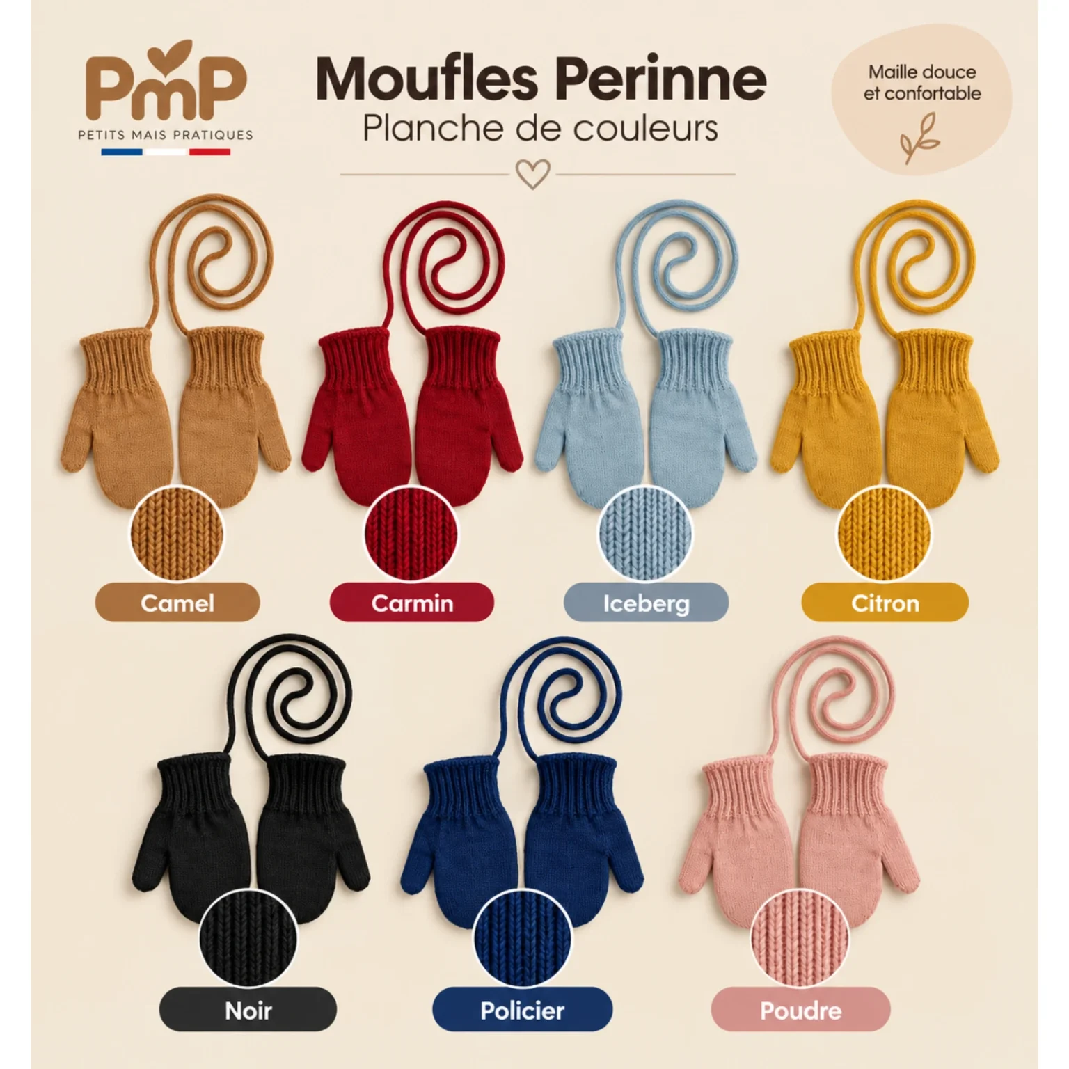 Planche de couleurs des moufles Perinne enfant en laine mérinos