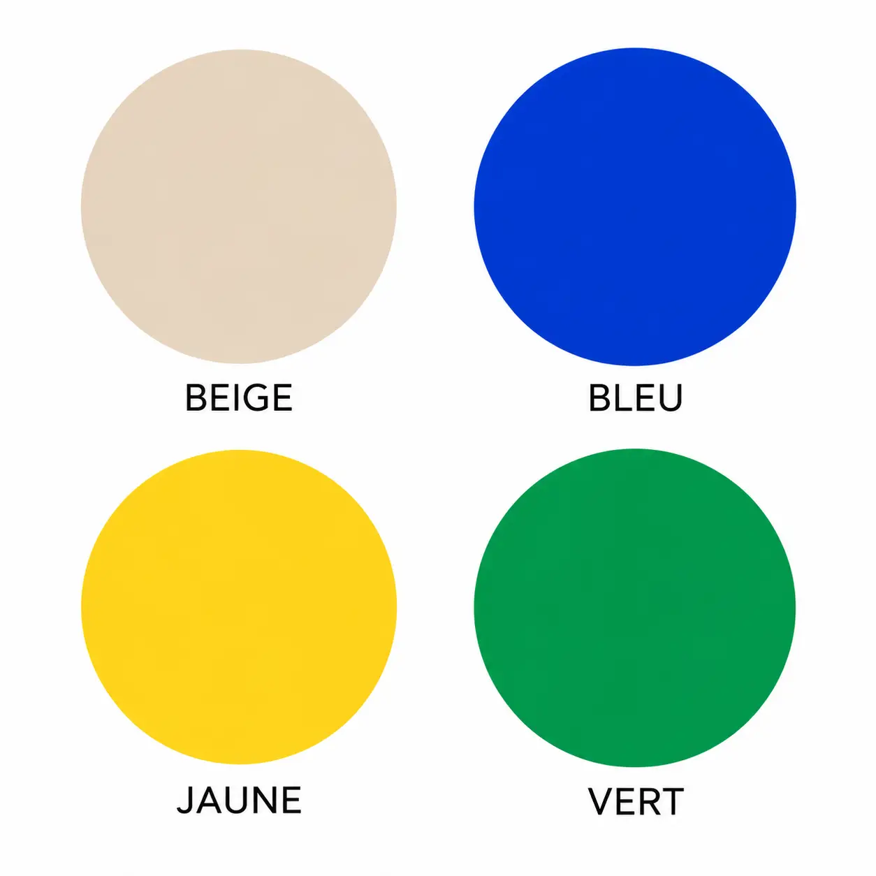 Palette de couleurs du bonnet Clair PmP Luxe présentant quatre coloris sur fond clair : bleu, gris clair, jaune et vert.