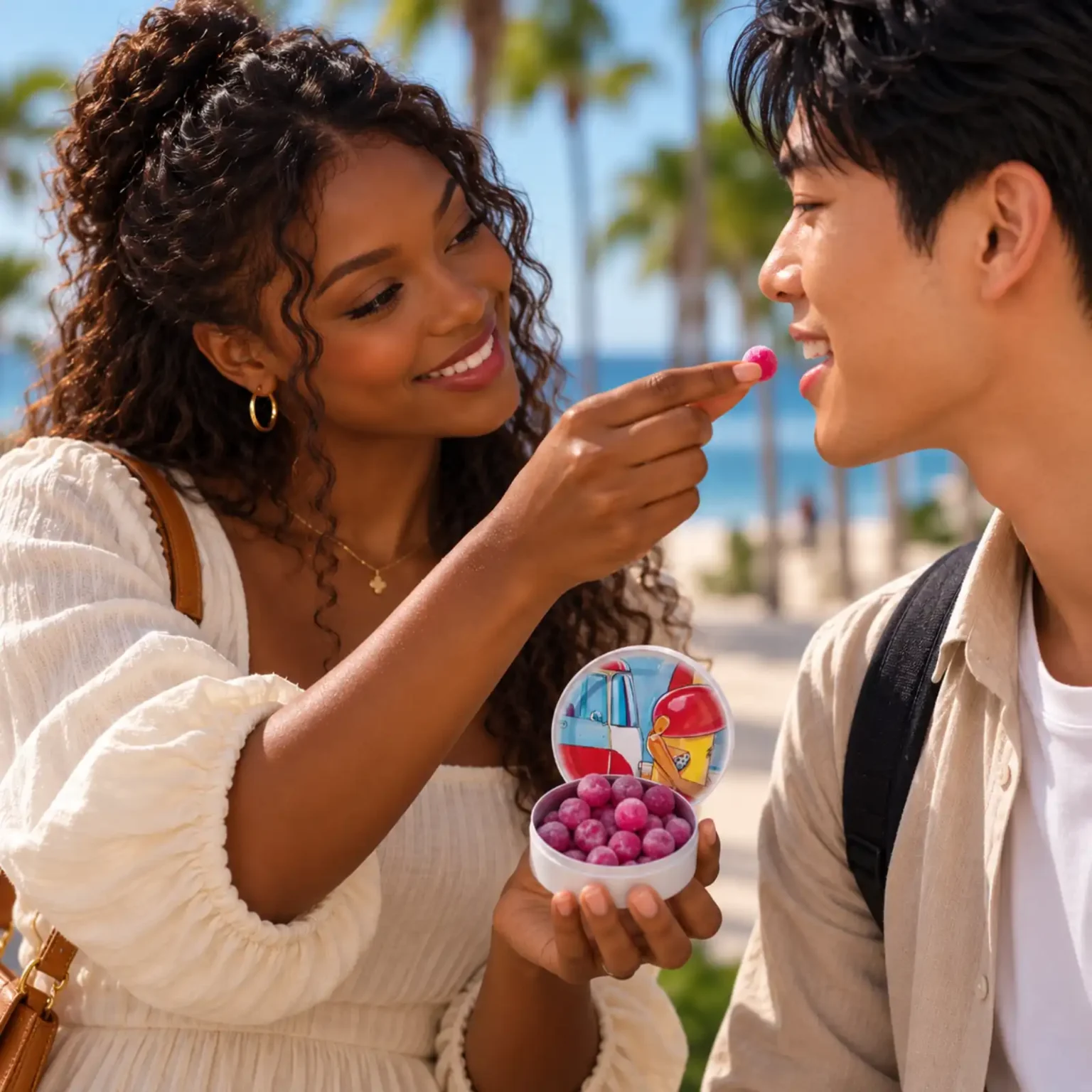 Femme africaine offrant un bonbon pastille à la fraise PmP à un homme asiatique sur une plage tropicale.