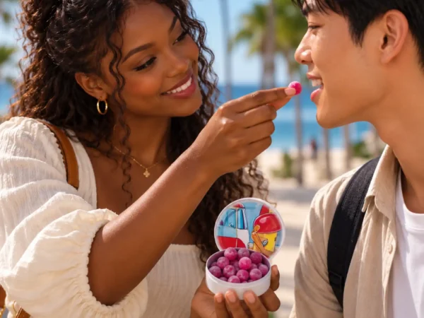 Femme africaine offrant un bonbon pastille à la fraise PmP à un homme asiatique sur une plage tropicale.