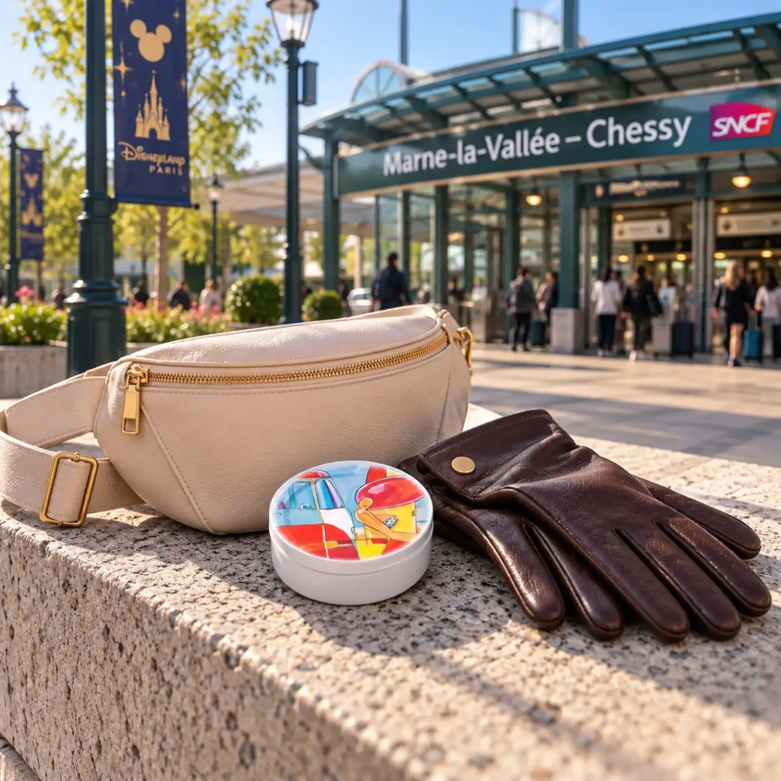 Boîte de bonbons pastilles à la fraise PmP fermée avec un sac banane et des gants en cuir à Marne-la-Vallée.