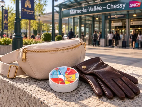 Boîte de bonbons pastilles à la fraise PmP fermée avec un sac banane et des gants en cuir à Marne-la-Vallée.