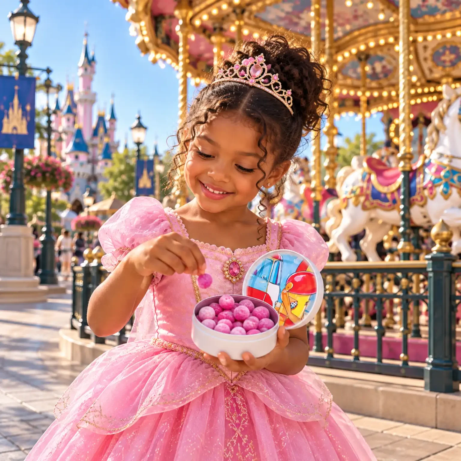 Petite fille en robe de princesse prenant un bonbon pastille à la fraise PmP devant un manège.